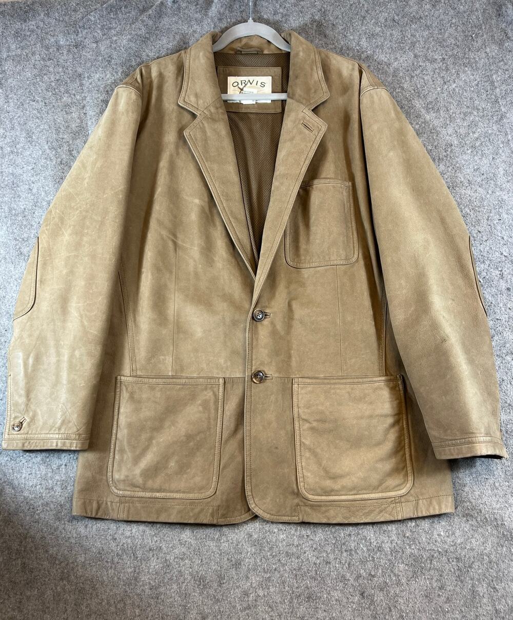 Orvis Leather Blazer Jacket Mens 40 Tan Brown Mesh Lined Sport Coat Safari Ranch
